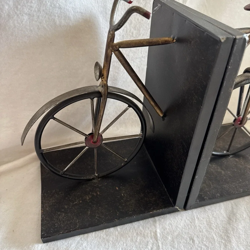 Retro Bicycle Bookends Distressed Black & Gold Metal Shelf Decor 12x8